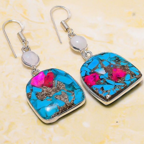 NEW Spiny Oyster Moonstone Gemstone Handmade Gift Jewelry Earrings 1.97" Silver - Picture 2 of 2